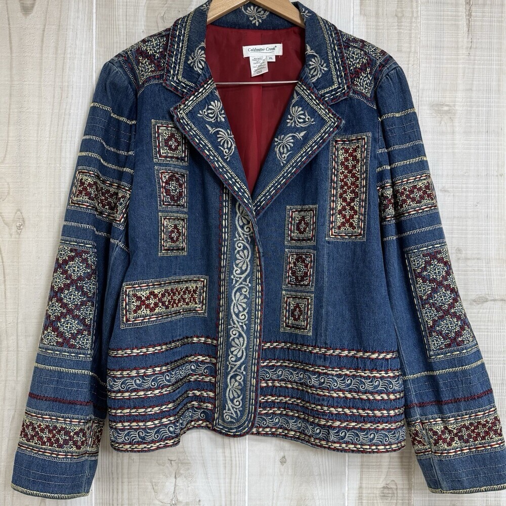 Vintage Coldwater Creek Embroidered Denim Blazer Boho Folk Statement Jacket LP